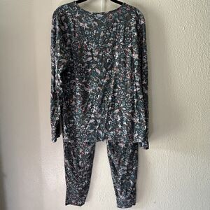LL Bean Pajama Set Green Ditsy Top & Pants Womens Large Long Sleeve Soft Comfort